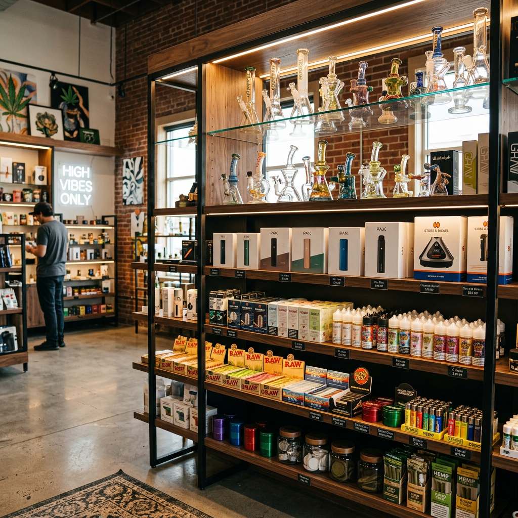 Shelves displaying glass pipes, vaporizers, rolling papers, and smoking accessories in a cannabis shop